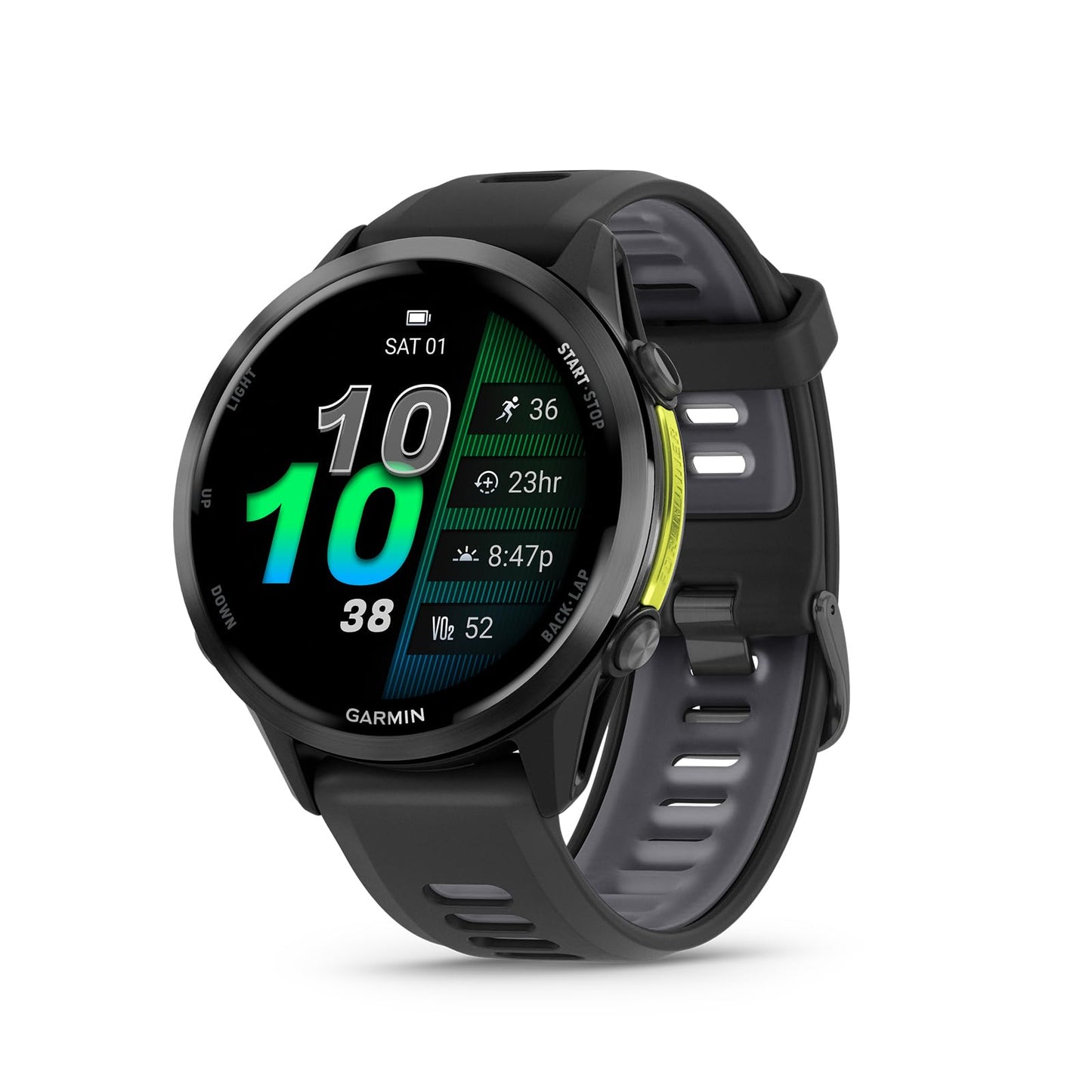 Garmin® Forerunner® 970, Premium GPS Running und Triathlon Smartwatch, AMOLED-Display, integrierte LED-Taschenlampe, Titan mit Whitestone-Gehäuse und Whitestone/Translucent Amp Yellow Band