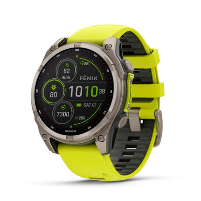 Garmin fēnix® 8-47mm Solar AMOLED Saphir Premium Multisport GPS Smartwatch Lange Akkulaufzeit Tauchbewertet Eingebaute LED-Taschenlampe Carbon Gray DLC Titanium mit Pebble Gray Band