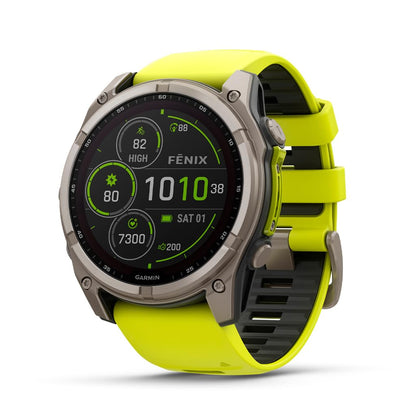 Garmin fēnix® 8-47mm Solar AMOLED Saphir Premium Multisport GPS Smartwatch Lange Akkulaufzeit Tauchbewertet Eingebaute LED-Taschenlampe Carbon Gray DLC Titanium mit Pebble Gray Band