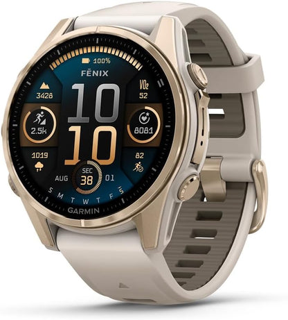Garmin fēnix® 8-43 mm, AMOLED, Saphir, Premium-Multisport-GPS-Smartwatch, langlebige Akkulaufzeit, Tauchklasse, integrierte LED-Taschenlampe, weiches Gold mit dunklem Sandsteinband