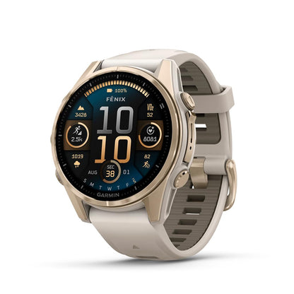 Garmin fēnix® 8-47mm Solar AMOLED Saphir Premium Multisport GPS Smartwatch Lange Akkulaufzeit Tauchbewertet Eingebaute LED-Taschenlampe Carbon Gray DLC Titanium mit Pebble Gray Band
