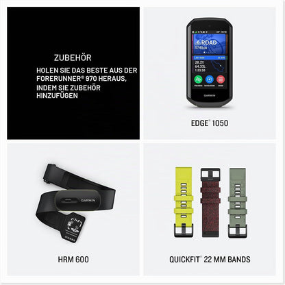 Garmin® Forerunner® 970, Premium GPS Running und Triathlon Smartwatch, AMOLED-Display, integrierte LED-Taschenlampe, Titan mit Whitestone-Gehäuse und Whitestone/Translucent Amp Yellow Band