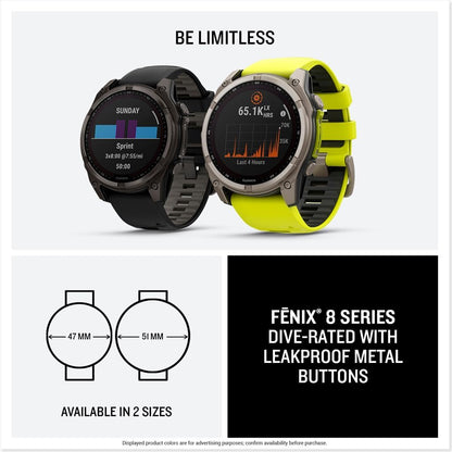 Garmin fēnix® 8-47mm Solar AMOLED Saphir Premium Multisport GPS Smartwatch Lange Akkulaufzeit Tauchbewertet Eingebaute LED-Taschenlampe Carbon Gray DLC Titanium mit Pebble Gray Band