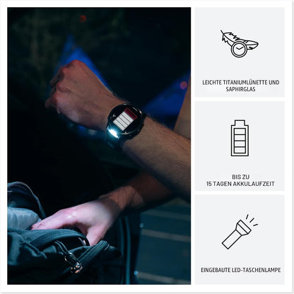 Garmin® Forerunner® 970, Premium GPS Running und Triathlon Smartwatch, AMOLED-Display, integrierte LED-Taschenlampe, Titan mit Whitestone-Gehäuse und Whitestone/Translucent Amp Yellow Band