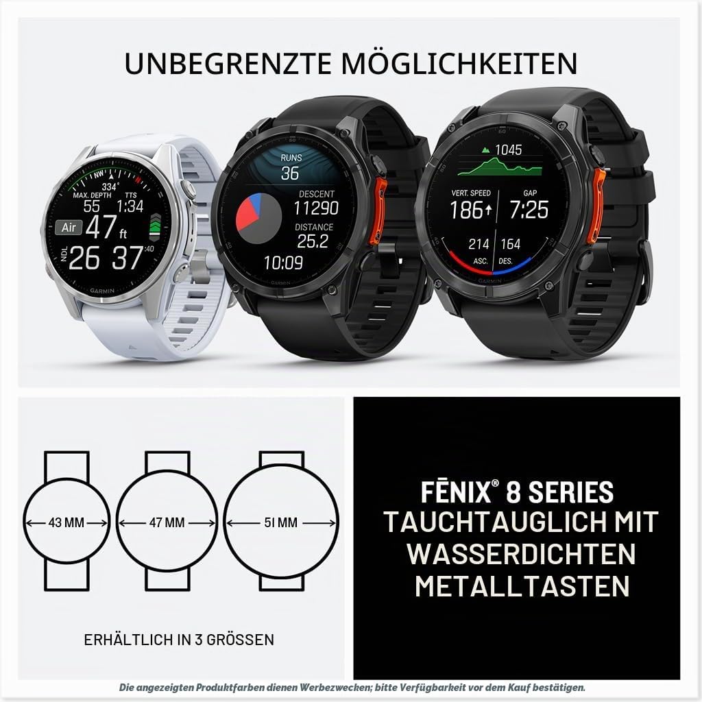 Garmin fēnix® 8-43 mm, AMOLED, Saphir, Premium-Multisport-GPS-Smartwatch, langlebige Akkulaufzeit, Tauchklasse, integrierte LED-Taschenlampe, weiches Gold mit dunklem Sandsteinband