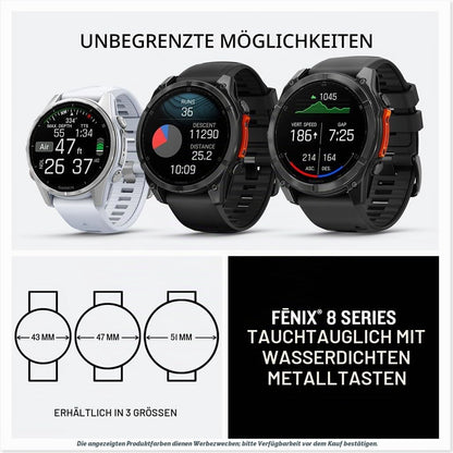 Garmin fēnix® 8-43 mm, AMOLED, Saphir, Premium-Multisport-GPS-Smartwatch, langlebige Akkulaufzeit, Tauchklasse, integrierte LED-Taschenlampe, weiches Gold mit dunklem Sandsteinband