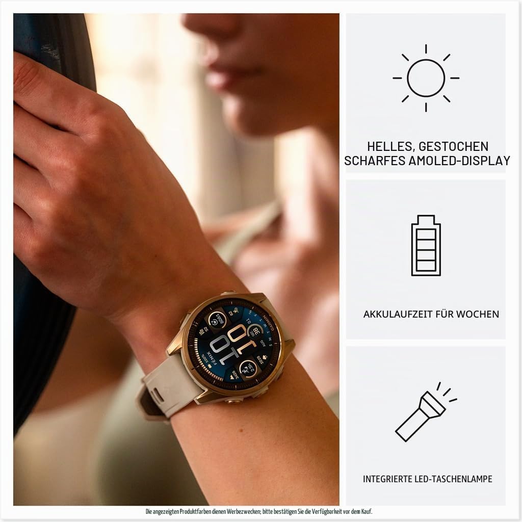 Garmin fēnix® 8-43 mm, AMOLED, Saphir, Premium-Multisport-GPS-Smartwatch, langlebige Akkulaufzeit, Tauchklasse, integrierte LED-Taschenlampe, weiches Gold mit dunklem Sandsteinband