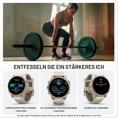 Garmin fēnix® 8-43 mm, AMOLED, Saphir, Premium-Multisport-GPS-Smartwatch, langlebige Akkulaufzeit, Tauchklasse, integrierte LED-Taschenlampe, weiches Gold mit dunklem Sandsteinband