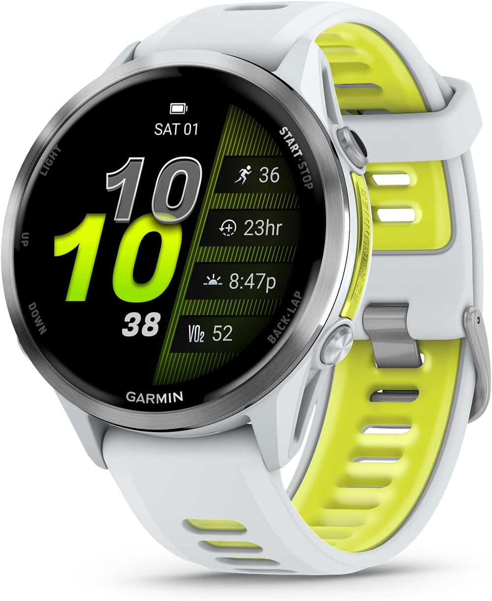 Garmin® Forerunner® 970, Premium GPS Running und Triathlon Smartwatch, AMOLED-Display, integrierte LED-Taschenlampe, Titan mit Whitestone-Gehäuse und Whitestone/Translucent Amp Yellow Band