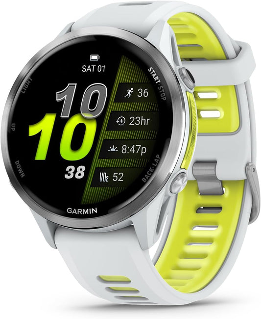 Garmin® Forerunner® 970, Premium GPS Running und Triathlon Smartwatch, AMOLED-Display, integrierte LED-Taschenlampe, Titan mit Whitestone-Gehäuse und Whitestone/Translucent Amp Yellow Band