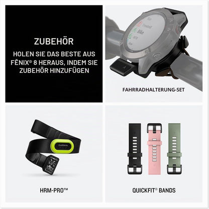 Garmin fēnix® 8-47mm Solar AMOLED Saphir Premium Multisport GPS Smartwatch Lange Akkulaufzeit Tauchbewertet Eingebaute LED-Taschenlampe Carbon Gray DLC Titanium mit Pebble Gray Band