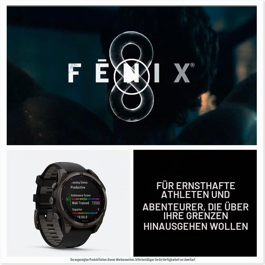 Garmin fēnix® 8-47mm Solar AMOLED Saphir Premium Multisport GPS Smartwatch Lange Akkulaufzeit Tauchbewertet Eingebaute LED-Taschenlampe Carbon Gray DLC Titanium mit Pebble Gray Band
