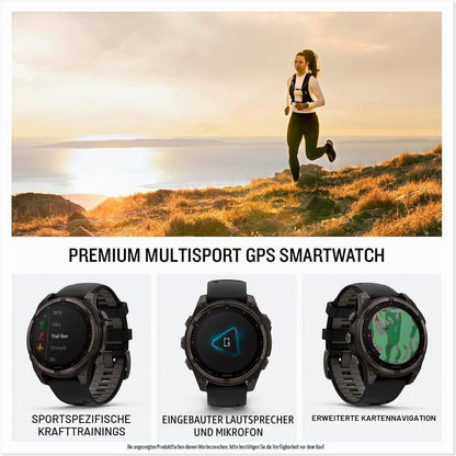 Garmin fēnix® 8-47mm Solar AMOLED Saphir Premium Multisport GPS Smartwatch Lange Akkulaufzeit Tauchbewertet Eingebaute LED-Taschenlampe Carbon Gray DLC Titanium mit Pebble Gray Band