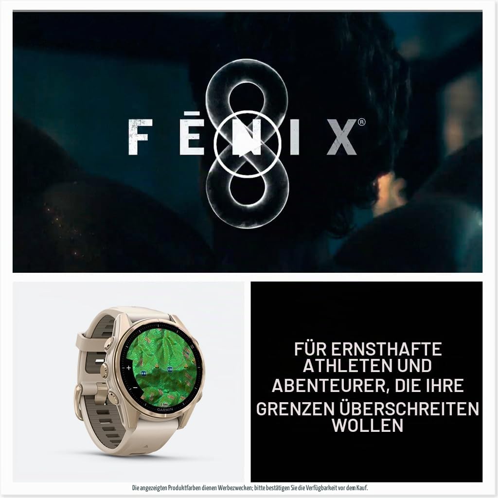 Garmin fēnix® 8-43 mm, AMOLED, Saphir, Premium-Multisport-GPS-Smartwatch, langlebige Akkulaufzeit, Tauchklasse, integrierte LED-Taschenlampe, weiches Gold mit dunklem Sandsteinband