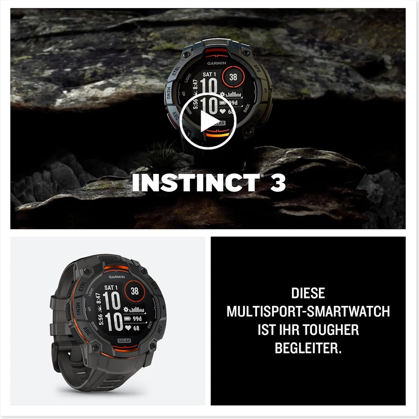 Garmin Instinct 3 50mm SOLAR – GPS-Multisport-Smartwatch, 1,1" Display, bis zu 40 Tage Akkulaufzeit, 80+ Sport-Apps, Navigationsfunktion, smarte Features, LED-Taschenlampe, wasserdicht