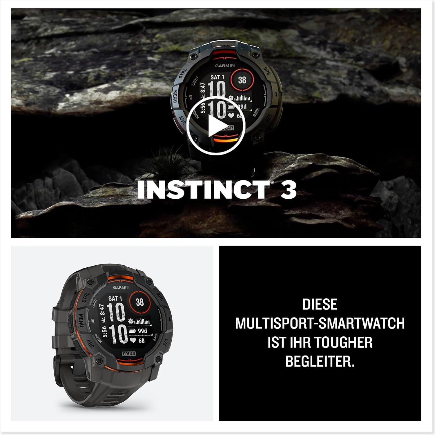 Garmin Instinct 3 50mm SOLAR – GPS-Multisport-Smartwatch, 1,1" Display, bis zu 40 Tage Akkulaufzeit, 80+ Sport-Apps, Navigationsfunktion, smarte Features, LED-Taschenlampe, wasserdicht