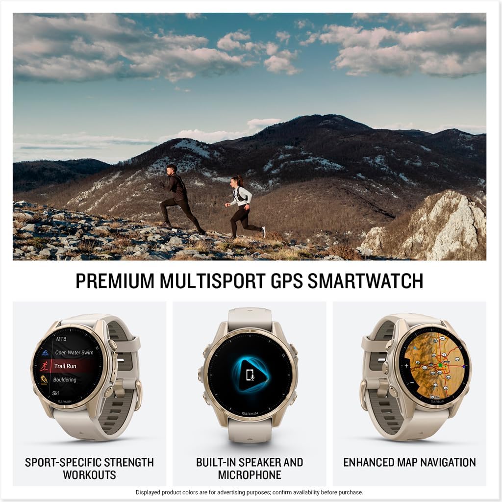 Garmin fēnix® 8-43 mm, AMOLED, Saphir, Premium-Multisport-GPS-Smartwatch, langlebige Akkulaufzeit, Tauchklasse, integrierte LED-Taschenlampe, weiches Gold mit dunklem Sandsteinband