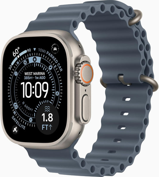 Apple Watch Ultra 3 [GPS + Cellular, 49mm] Titangehäuse Natur mit Ocean Armband Maritimblau (Generalüberholt)