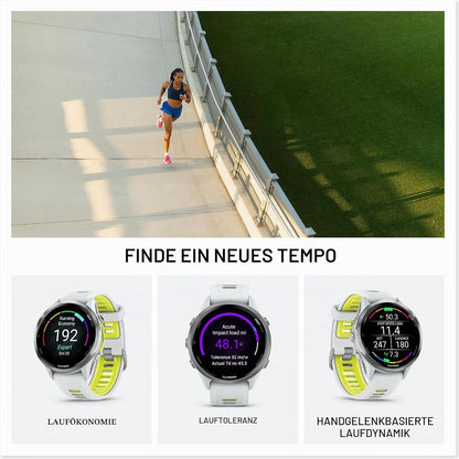 Garmin® Forerunner® 970, Premium GPS Running und Triathlon Smartwatch, AMOLED-Display, integrierte LED-Taschenlampe, Titan mit Whitestone-Gehäuse und Whitestone/Translucent Amp Yellow Band