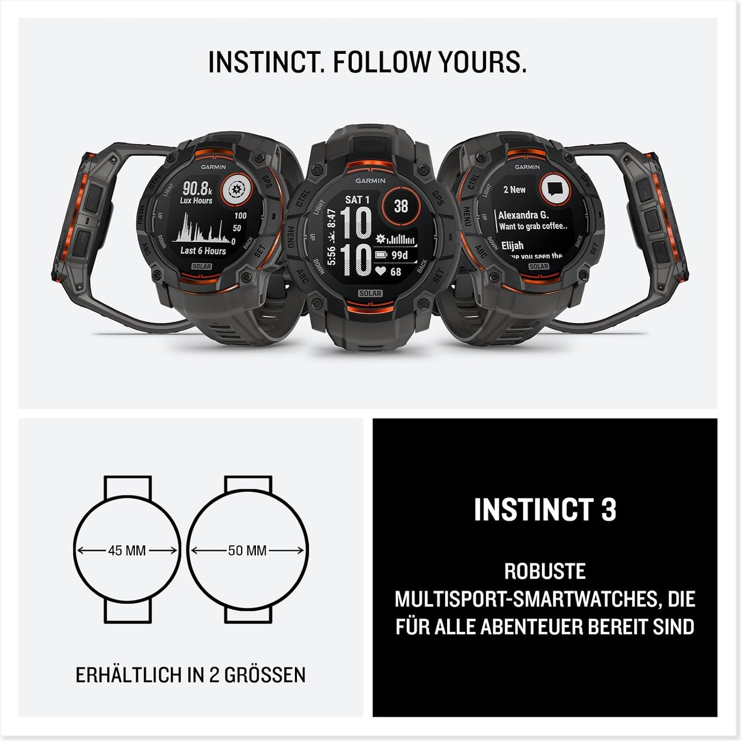 Garmin Instinct 3 50mm SOLAR – GPS-Multisport-Smartwatch, 1,1" Display, bis zu 40 Tage Akkulaufzeit, 80+ Sport-Apps, Navigationsfunktion, smarte Features, LED-Taschenlampe, wasserdicht