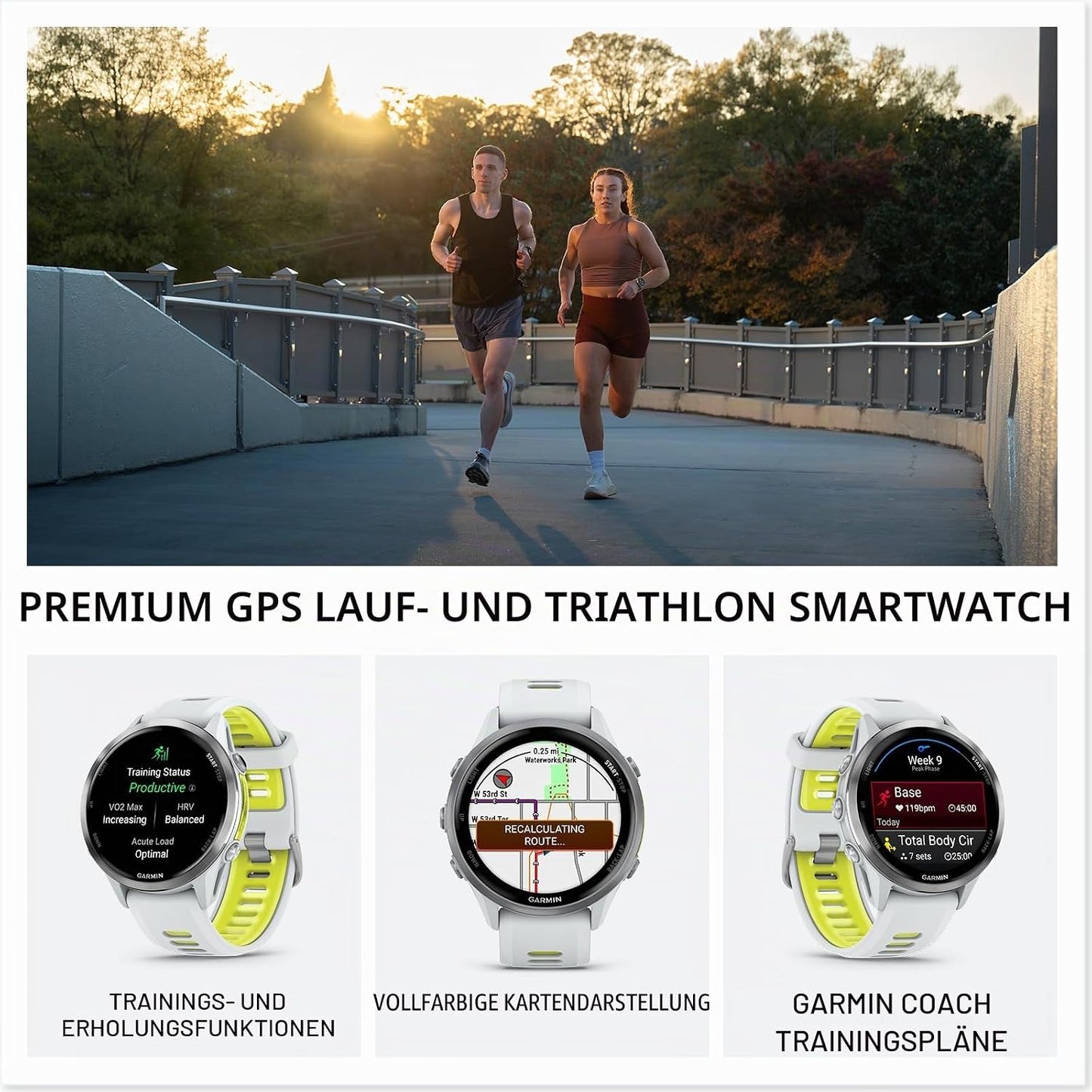Garmin® Forerunner® 970, Premium GPS Running und Triathlon Smartwatch, AMOLED-Display, integrierte LED-Taschenlampe, Titan mit Whitestone-Gehäuse und Whitestone/Translucent Amp Yellow Band