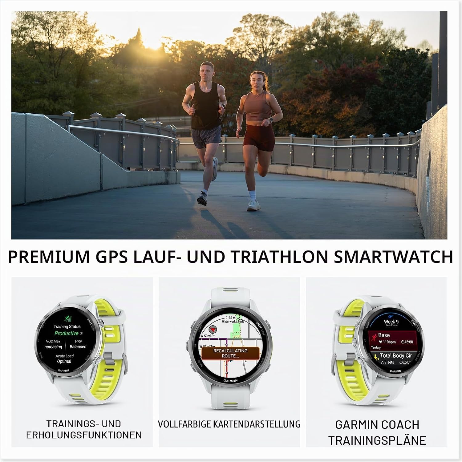 Garmin® Forerunner® 970, Premium GPS Running und Triathlon Smartwatch, AMOLED-Display, integrierte LED-Taschenlampe, Titan mit Whitestone-Gehäuse und Whitestone/Translucent Amp Yellow Band
