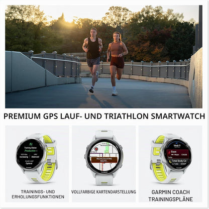 Garmin® Forerunner® 970, Premium GPS Running und Triathlon Smartwatch, AMOLED-Display, integrierte LED-Taschenlampe, Titan mit Whitestone-Gehäuse und Whitestone/Translucent Amp Yellow Band