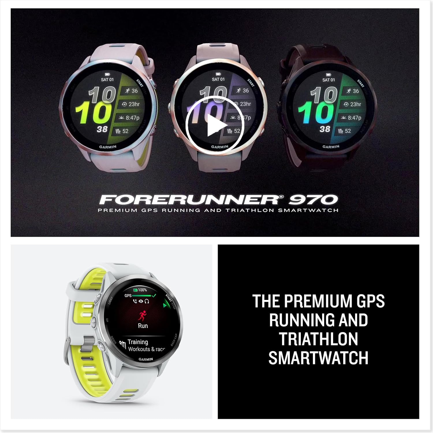 Garmin® Forerunner® 970, Premium GPS Running und Triathlon Smartwatch, AMOLED-Display, integrierte LED-Taschenlampe, Titan mit Whitestone-Gehäuse und Whitestone/Translucent Amp Yellow Band