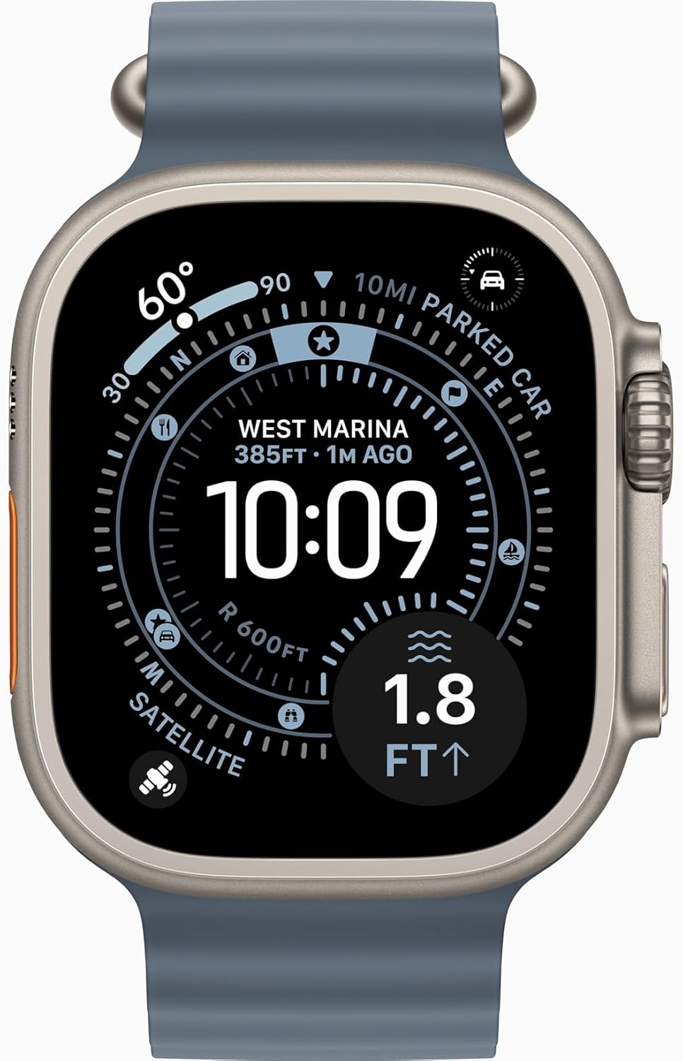 Apple Watch Ultra 3 [GPS + Cellular, 49mm] Titangehäuse Natur mit Ocean Armband Maritimblau (Generalüberholt)
