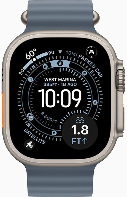 Apple Watch Ultra 3 [GPS + Cellular, 49mm] Titangehäuse Natur mit Ocean Armband Maritimblau (Generalüberholt)