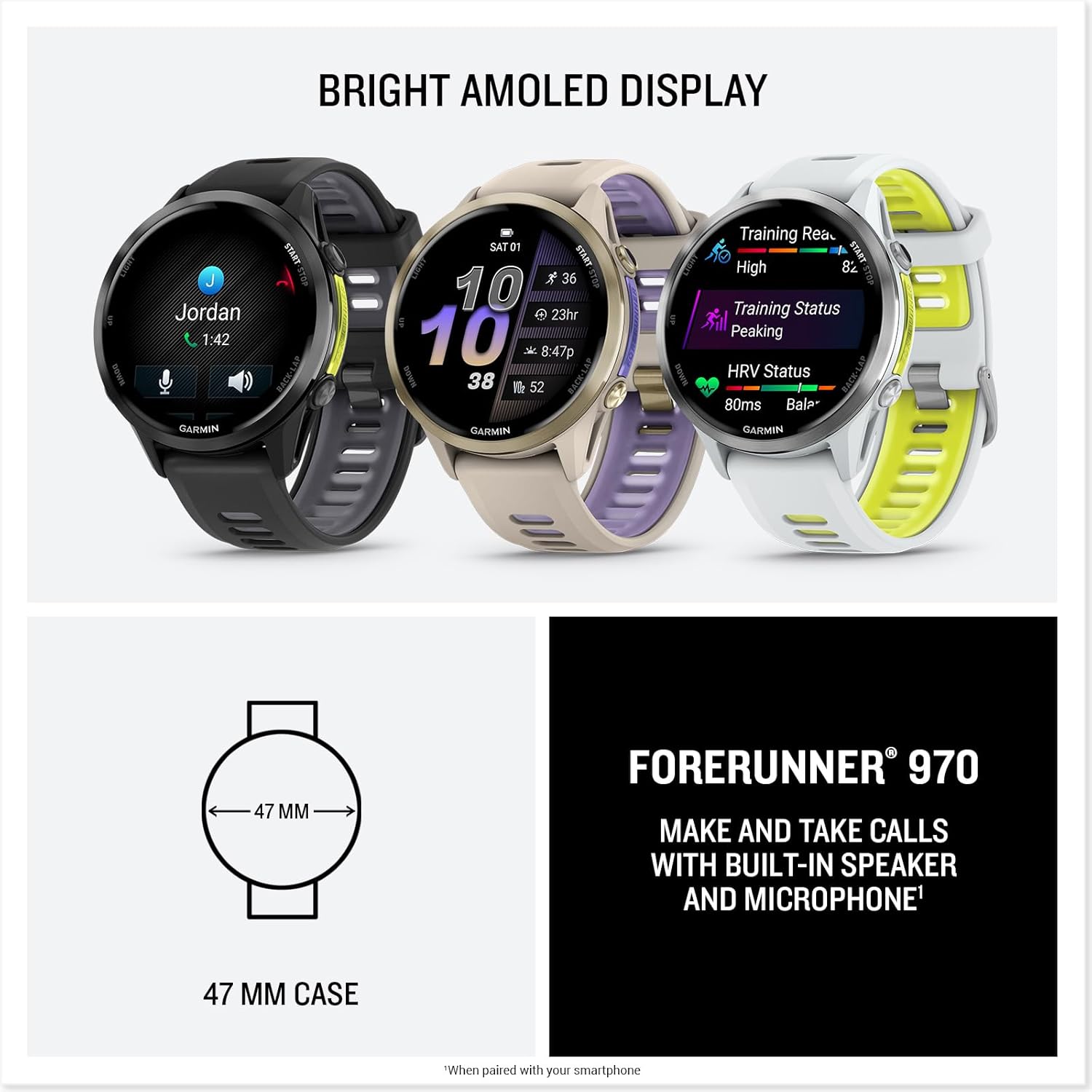 Garmin® Forerunner® 970, Premium GPS Running und Triathlon Smartwatch, AMOLED-Display, integrierte LED-Taschenlampe, Titan mit Whitestone-Gehäuse und Whitestone/Translucent Amp Yellow Band