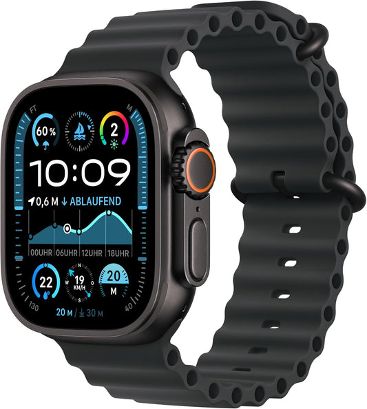 Apple Watch Ultra 2 [GPS + Celular, 49mm] Titangehäuse mit Black Ocean Band, One Size (Generalüberholt)