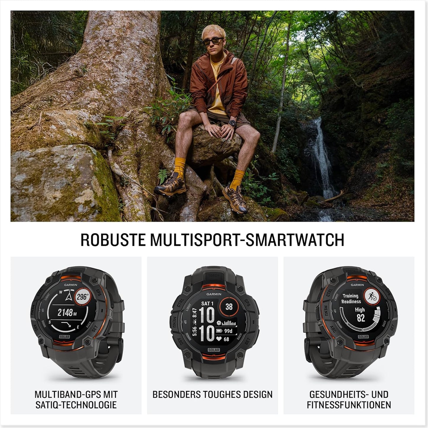 Garmin Instinct 3 50mm SOLAR – GPS-Multisport-Smartwatch, 1,1" Display, bis zu 40 Tage Akkulaufzeit, 80+ Sport-Apps, Navigationsfunktion, smarte Features, LED-Taschenlampe, wasserdicht