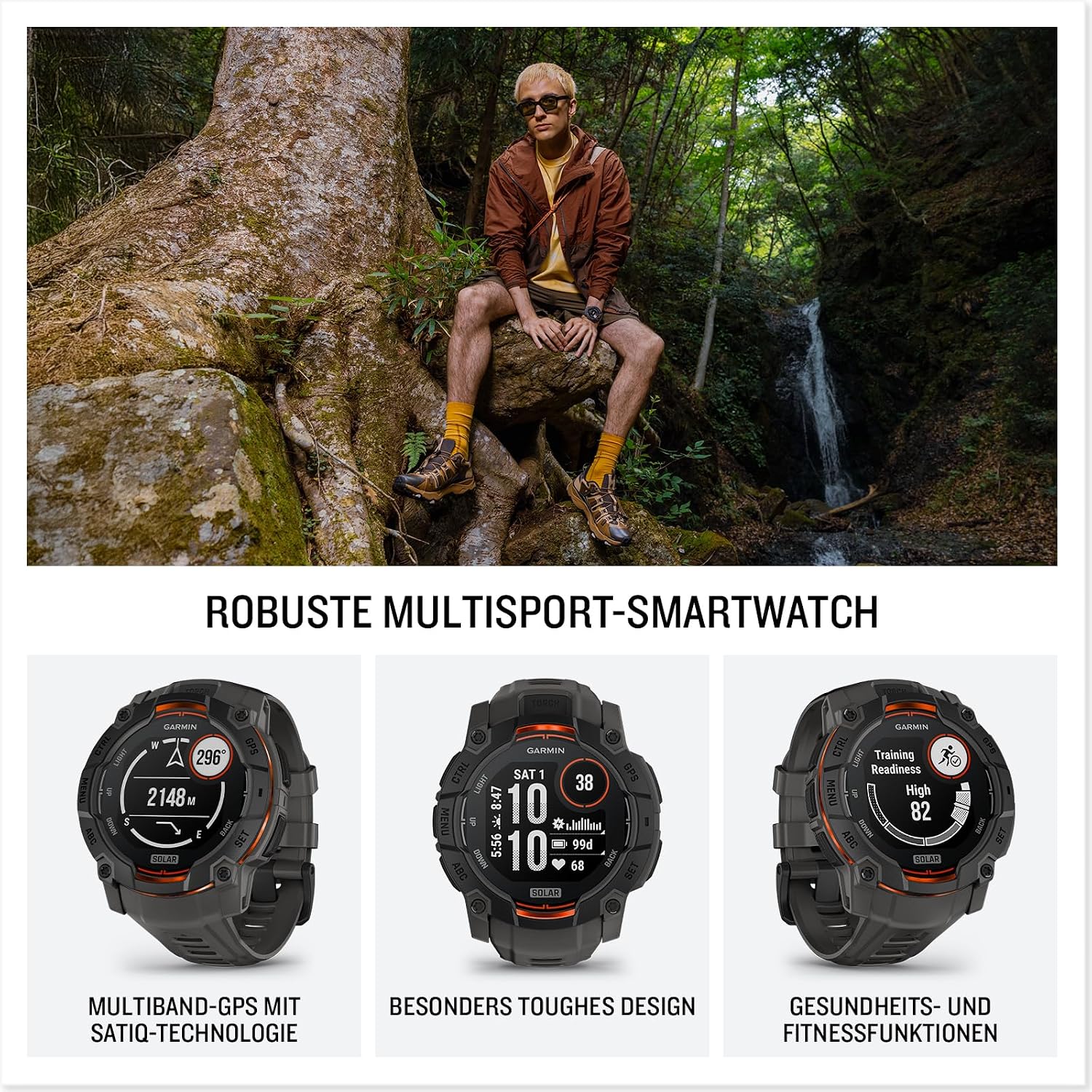 Garmin Instinct 3 50mm SOLAR – GPS-Multisport-Smartwatch, 1,1" Display, bis zu 40 Tage Akkulaufzeit, 80+ Sport-Apps, Navigationsfunktion, smarte Features, LED-Taschenlampe, wasserdicht